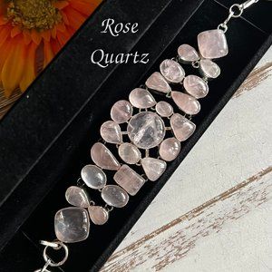 Rose Quartz Bracelet Handmade Stone Gemstone Crystal 925 Silver Ethnic Large New